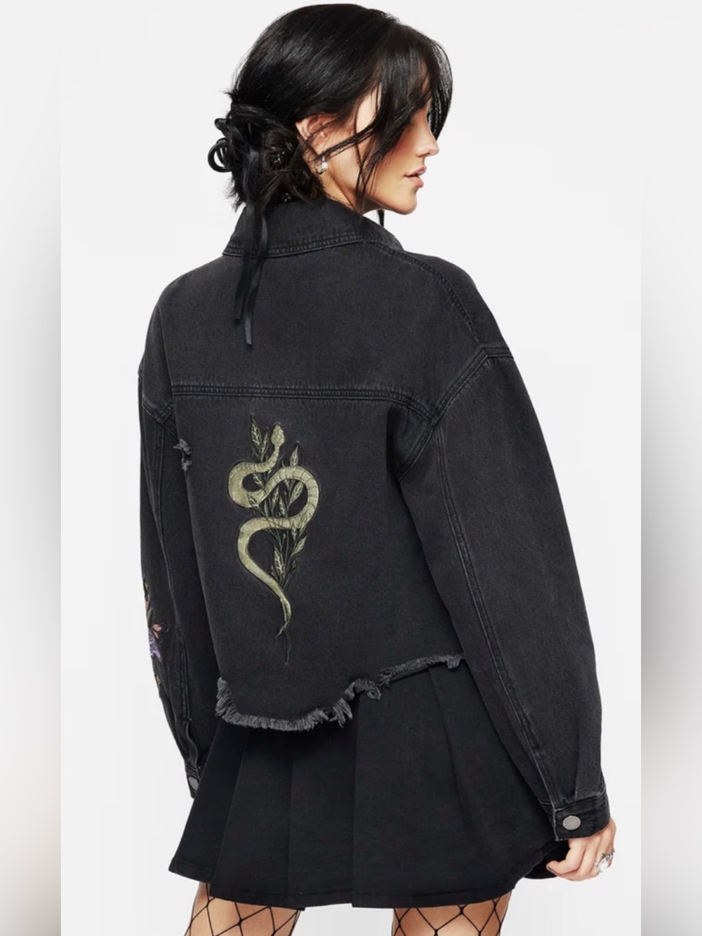 Disturbia Whimsigoth Nirah Embroidered Crop Black Denim Jacket, Size 4